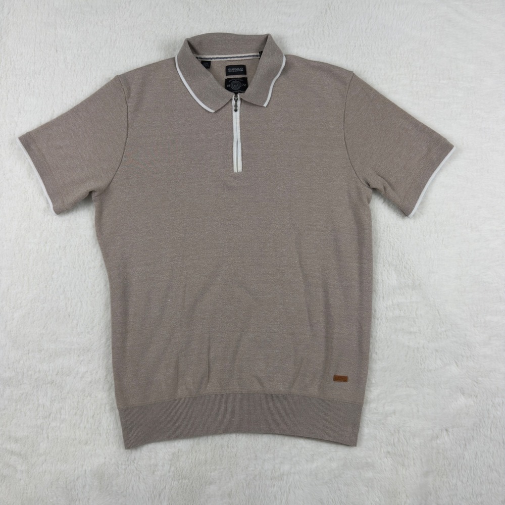 Buffalo David Bitton Mens Tan Heather Quarter Zip Polo Shirt Short Sleeve Size M